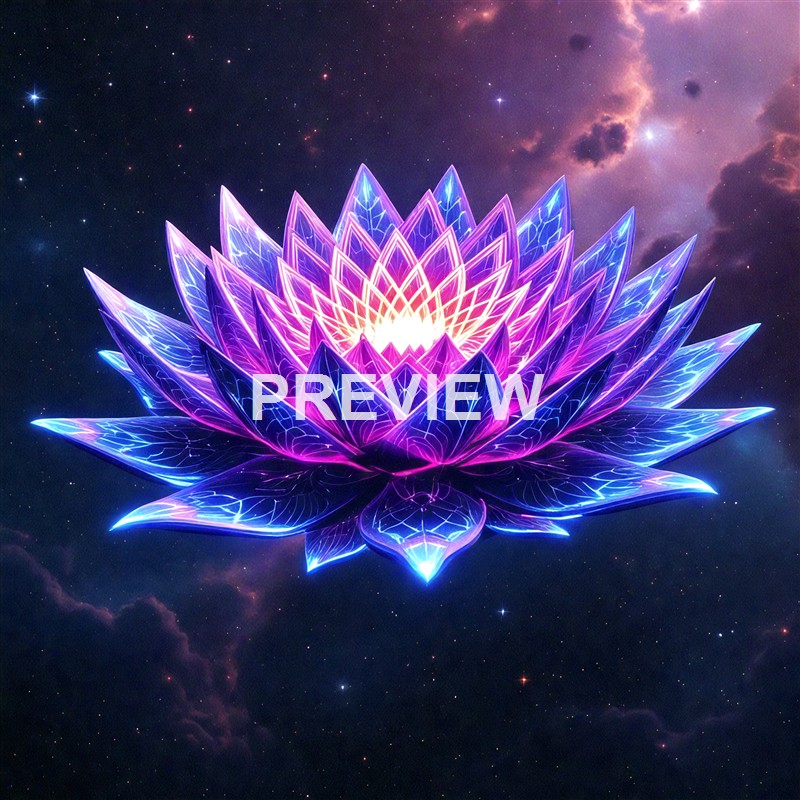A digitally enhanced, luminous lotus flower with glowing purple, pink, and blue petals floating in a starry space background with nebulae.